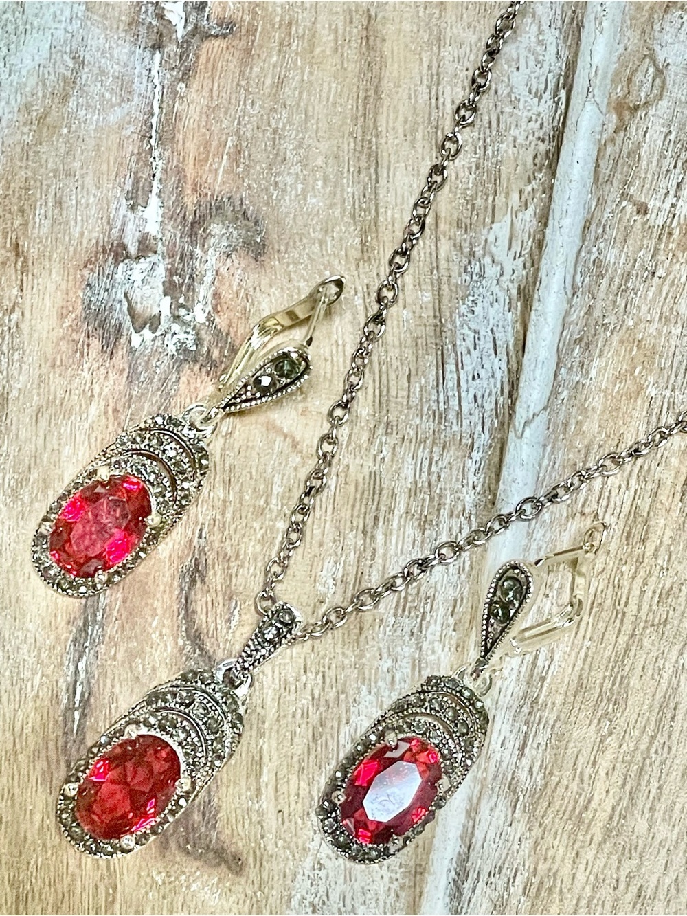 Sterling-Style Red Crystal Pendant Necklace and Earrings Set